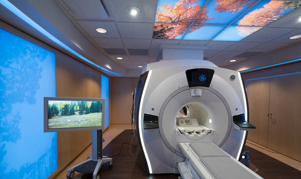 Radiology Solutions: Caring MR Suite® featuring MRI In-Bore Viewing Video Display, LED Illuminated Wall Fixtures and Image Ceiling®