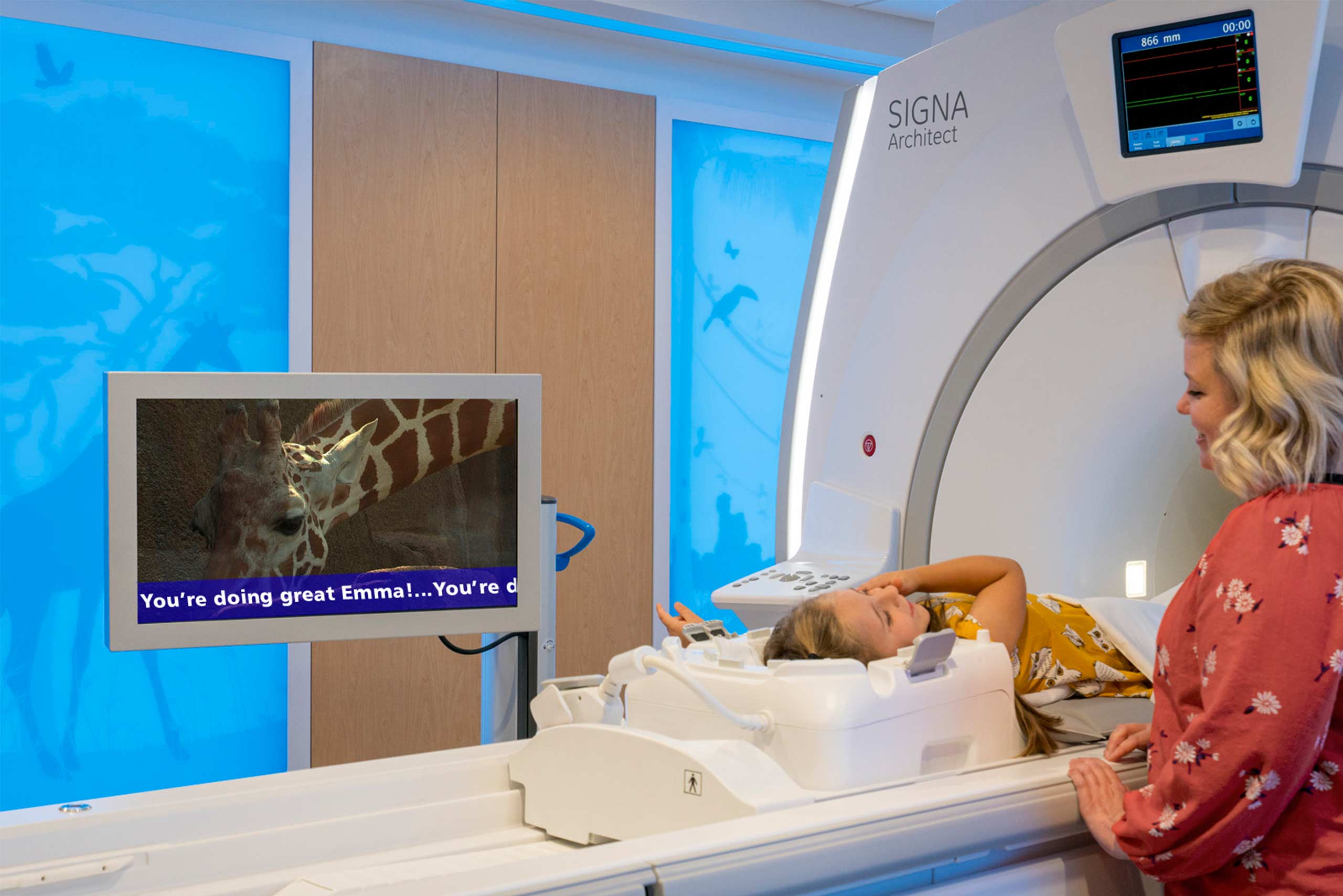 Pediatric Caring MR Suite® with MRI In-Bore Viewing Portable Video Display featuring custom Scrolling Text messages. More than MRI patient entertainment.